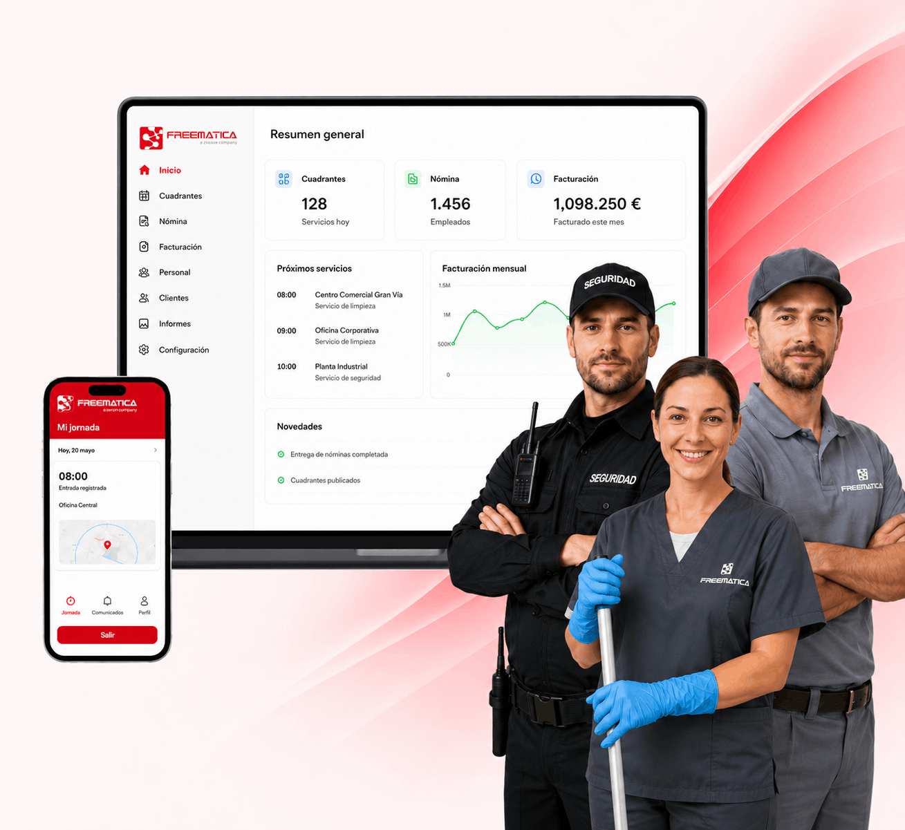 Freematica ERP: panel de control de escritorio, app móvil de jornada y equipo de seguridad y limpieza